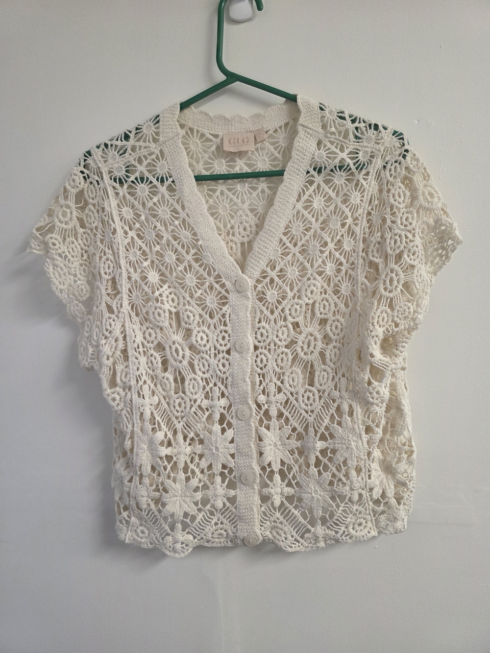 LG Cream Crochet Button-Front Blouse